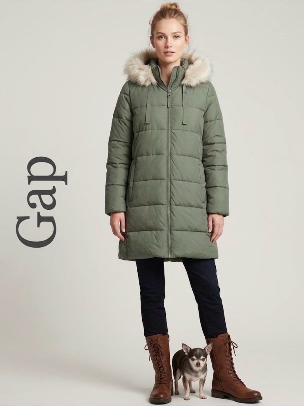 GAP ColdControl Women's Olive Green Long Puffer Parka Jacket Faux Fur Hood M